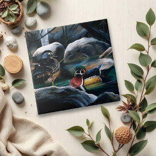 Wood Ducks Pair Pond Nature Wildlife Colourful Tile