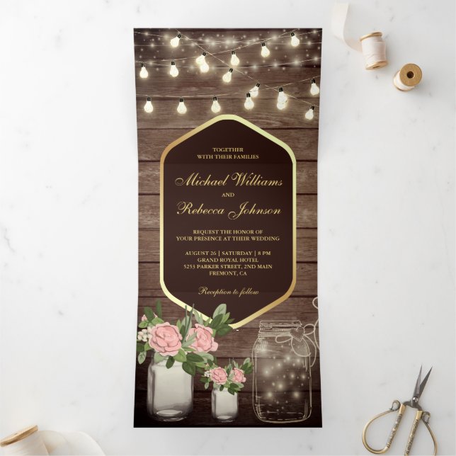 Wood Dusty Roses Mason Jar String Lights Wedding Tri-Fold Invitation (Inside)