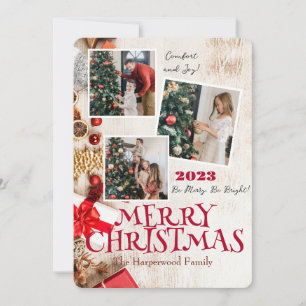wood elegant merry christmas family Three Photo Holiday Card