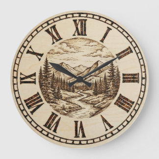 Wood Engraved Mountain River Wall Clock