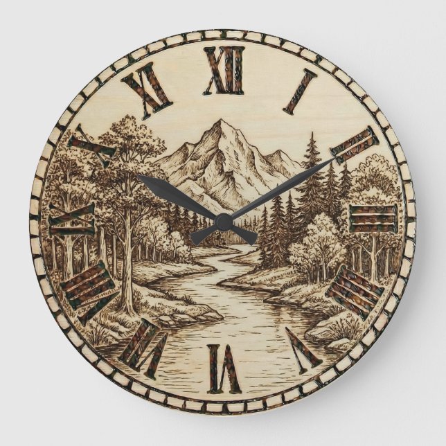 Wood Engraved Mountain River Wall Clock (Front)
