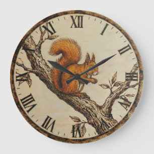Wood Engraved Squirrel Wall Clock