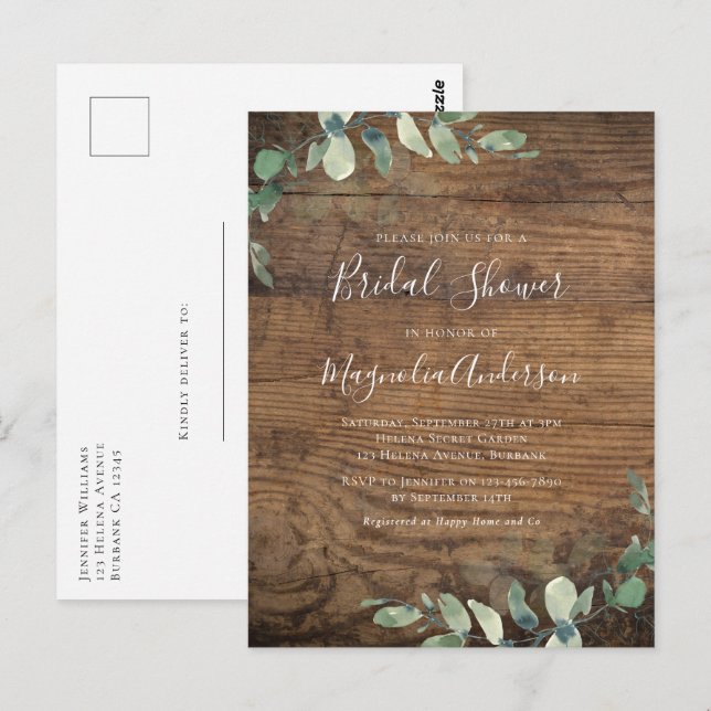 Wood Eucalyptus Bridal Shower Invitation Postcard (Front/Back)