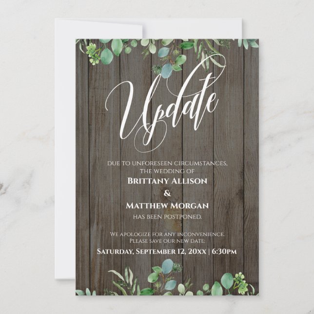 Wood & Eucalyptus Postponed Wedding Update Card (Front)