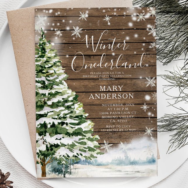 Wood Evergreen Winter Onederland 1st Birthday Invitation (Creator Uploaded)