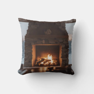 Wood fire in a fireplace. throw pillow