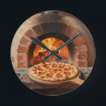 Wood-Fired Pepperoni Pizza Rustic Italian Round Clock<br><div class="desc">The irresistible aroma of a perfectly blistered wood-fired pizza straight from a traditional brick oven. This warm, painterly scene captures a golden, bubbly pepperoni pizza fresh from the flames, surrounded by glowing embers and rustic terracotta. Mouthwatering, cozy, and full of authentic Italian soul a true love letter to pizza passion....</div>