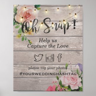 Wood Floral String Light Snap Hashtag Wedding Sign