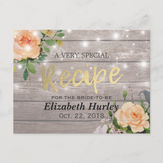 Wood Floral String Lights Bridal Shower Recipe Invitation Postcard (Front)