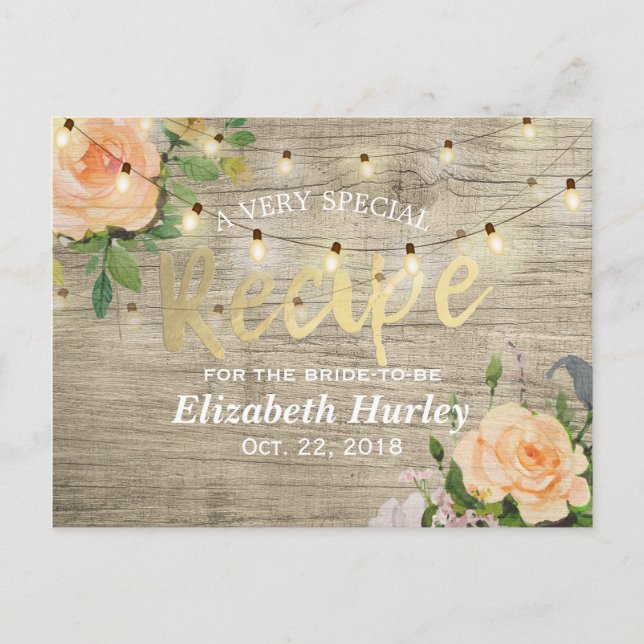 Wood Floral String Lights Bridal Shower Recipe Invitation Postcard (Front)
