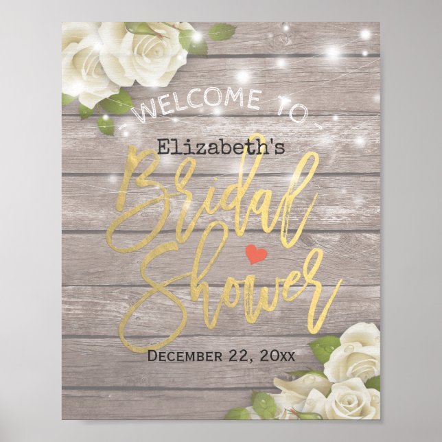 Wood Floral String Lights Bridal Shower Welcome Poster (Front)