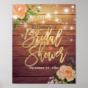 Wood Floral String Lights Bridal Shower Welcome Poster