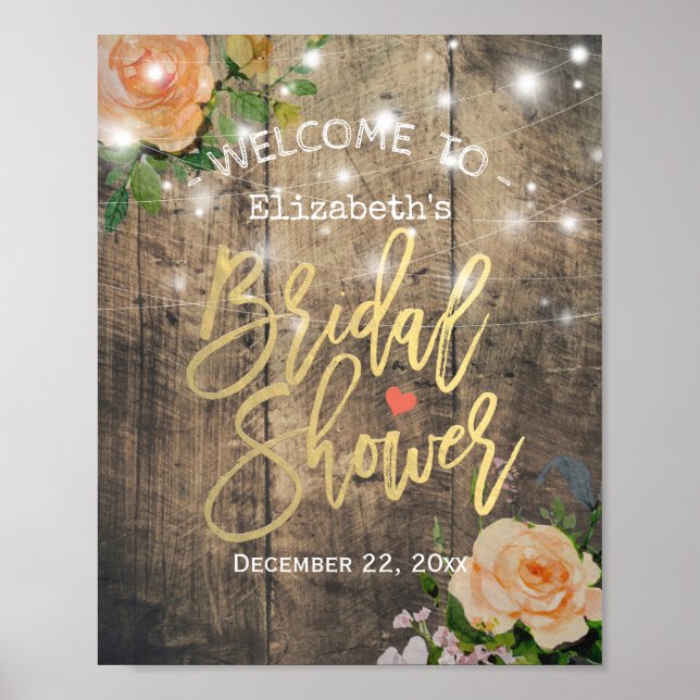 Wood Floral String Lights Bridal Shower Welcome Poster (Front)