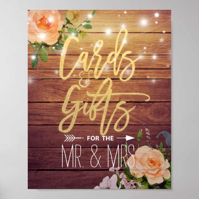 Wood Floral String Lights Cards Gifts Wedding Sign (Front)