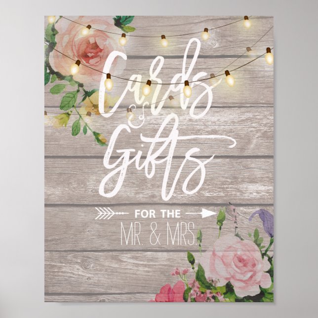 Wood Floral String Lights Cards Gifts Wedding Sign (Front)