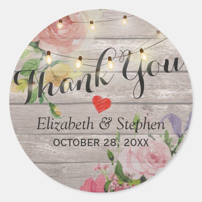 Wood Floral String Lights Wedding Favour Thank You Classic Round Sticker (Front)