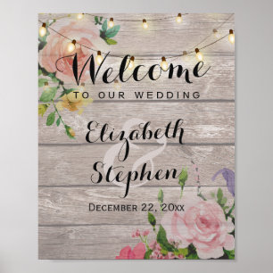 Wood Floral String Lights Wedding Reception Sign