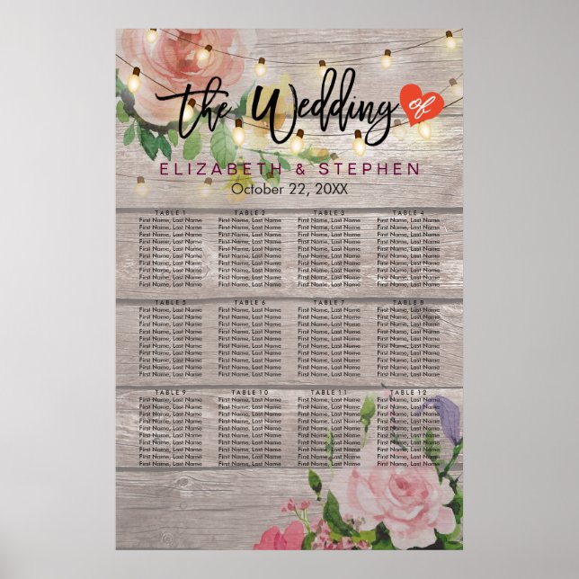 Wood Floral String Lights Wedding Seating Chart (Front)