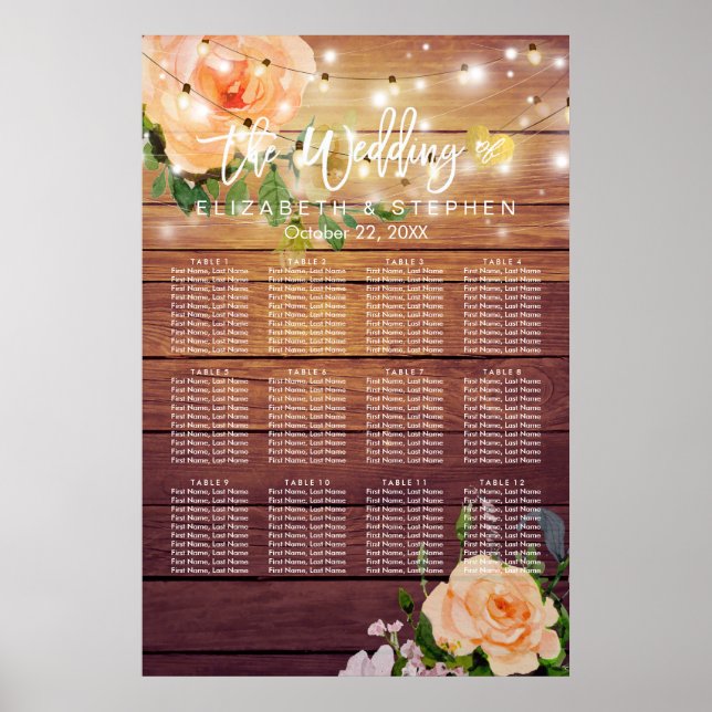 Wood Floral String Lights Wedding Seating Chart (Front)