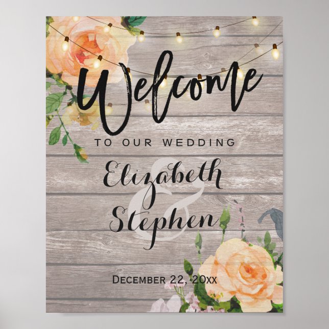 Wood Floral String Lights Welcome Wedding Sign (Front)