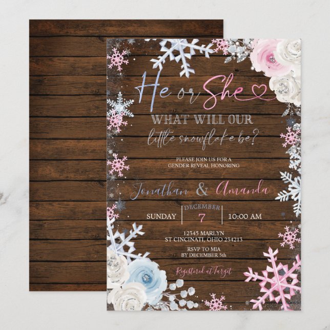 Wood Gender Reveal Pink and Blue Snowflakes  Invitation (Front/Back)