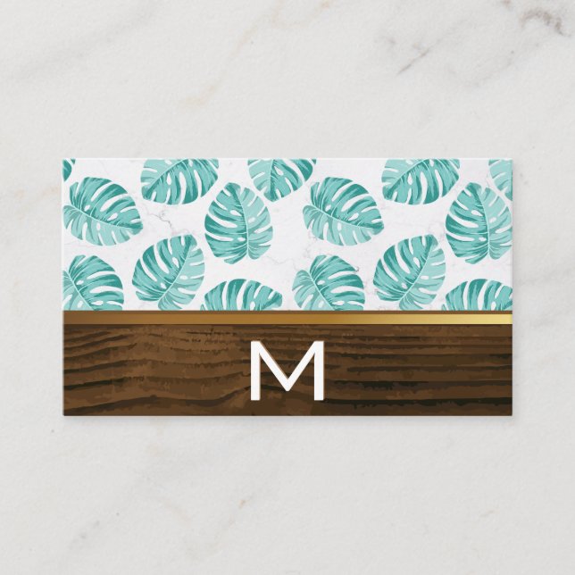 Wood Gold Trim Monstera Leaf Pattern Business Card (Front)