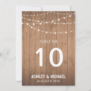Wood Grain and string lights table numbers