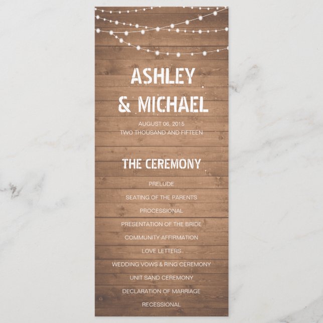 Wood Grain and string lights Wedding Program (Front)
