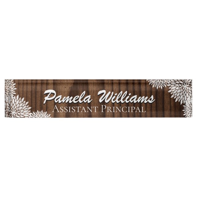 Wood Grain and White Flowers Custom Desk Nameplate (Front)