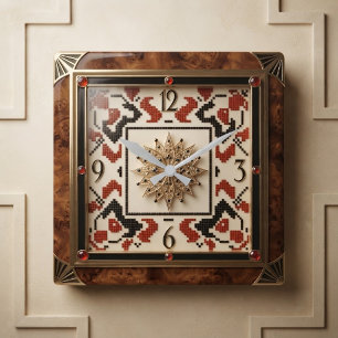 Wood Grain Art Deco Luxury Cross Stitch Gemstone Square Wall Clock