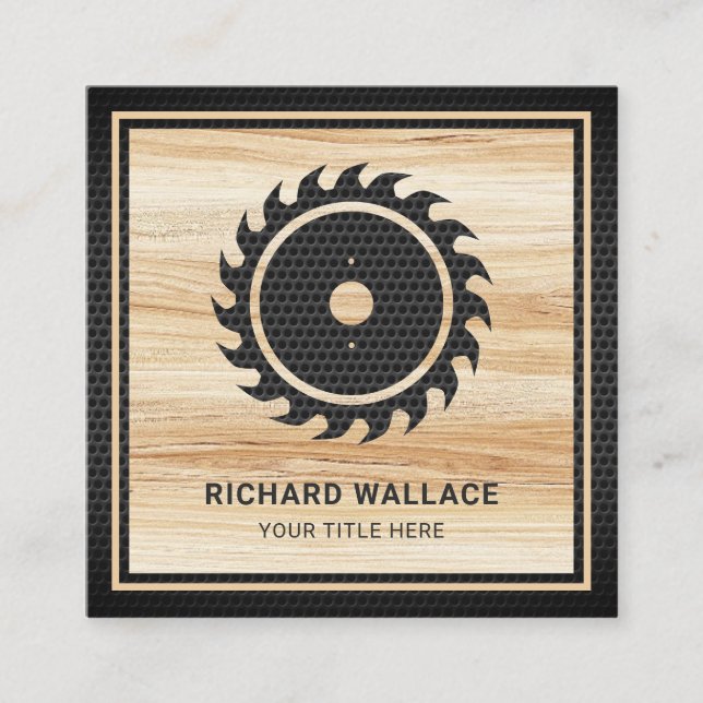 Wood Grain Black Circular Saw Handyman Carpenter Square Business Card (Front)