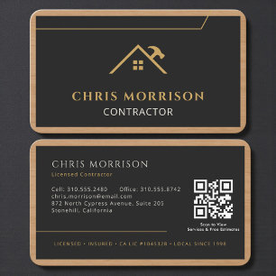 Wood Grain Black Gold Builder Contractor QR Code Business Card
