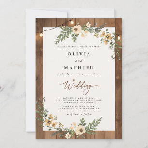 Wood Grain Bloom String Lights Wedding Invitation