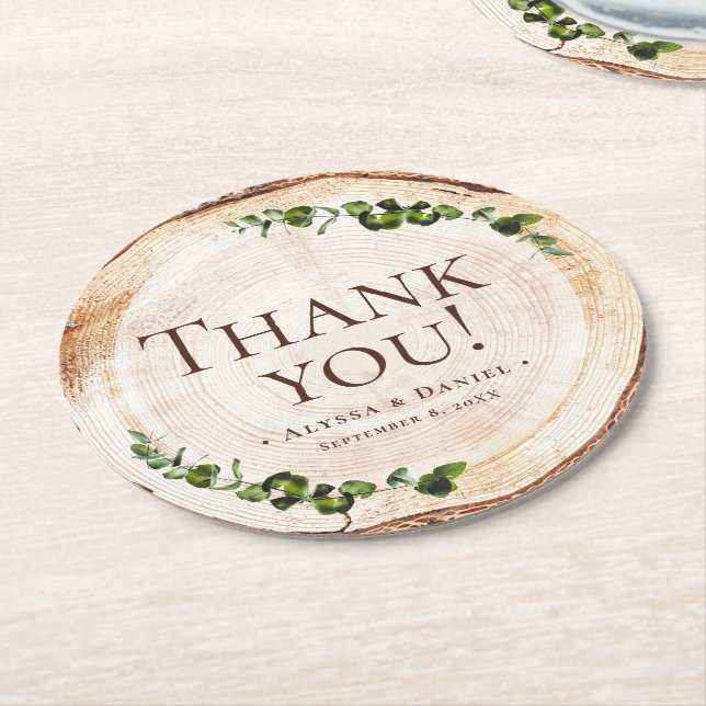 Wood Grain Botanical Rustic Wedding Thank You  Round Paper Coaster (Angled)