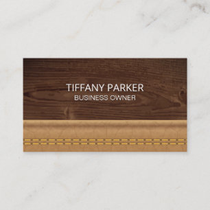 Wood Grain Double Stitched Tan Leather Business Card