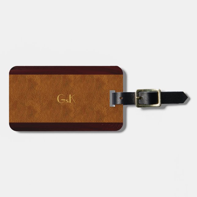Wood Grain Gold Monogram Leather Luggage Tag (Front Horizontal)