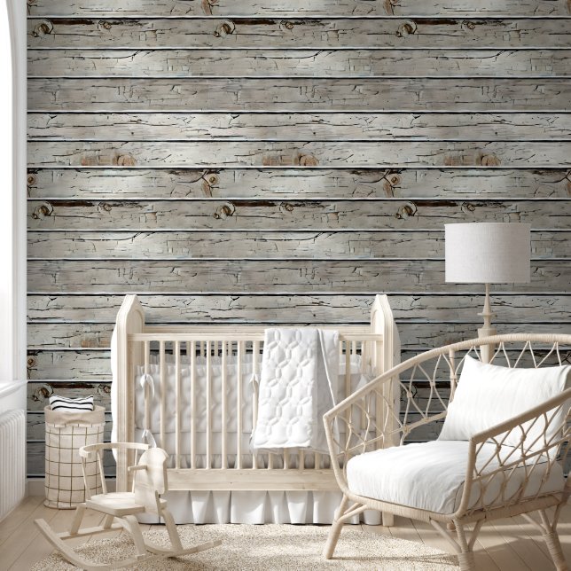 Wood grain limewash white brown horizontal pattern wallpaper (Kids)