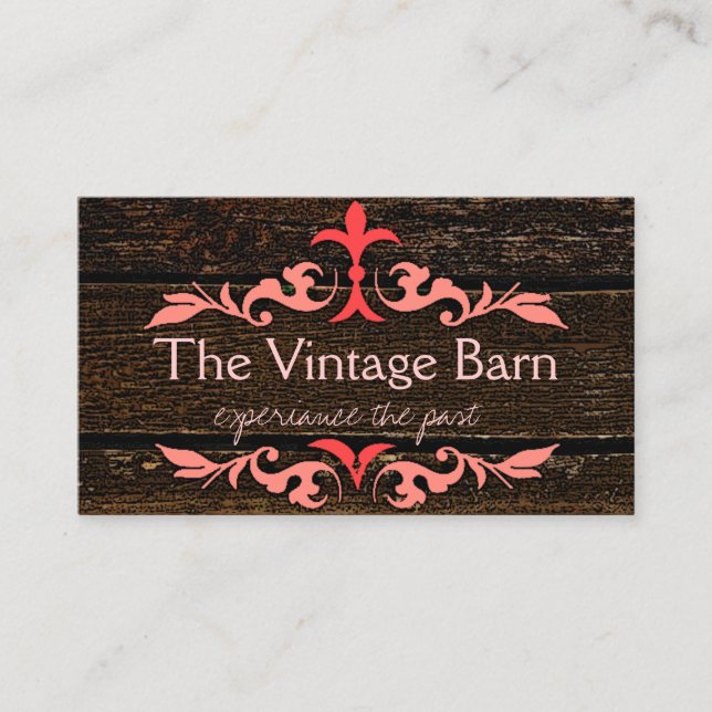 Wood Grain Look - Vintage Peach Scrolls Business Card (Front)