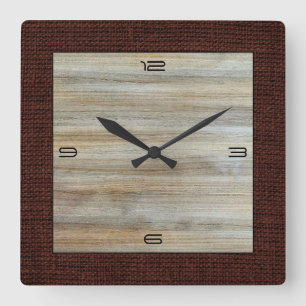 Wood Grain Modern Burlap Border Square Wall Clock