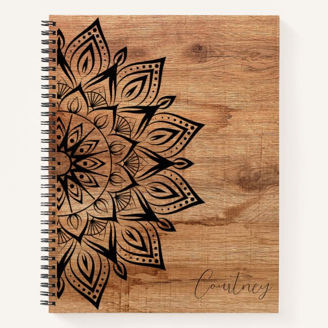 Wood Grain Personalized Mandala Spiral Notebook (Front)