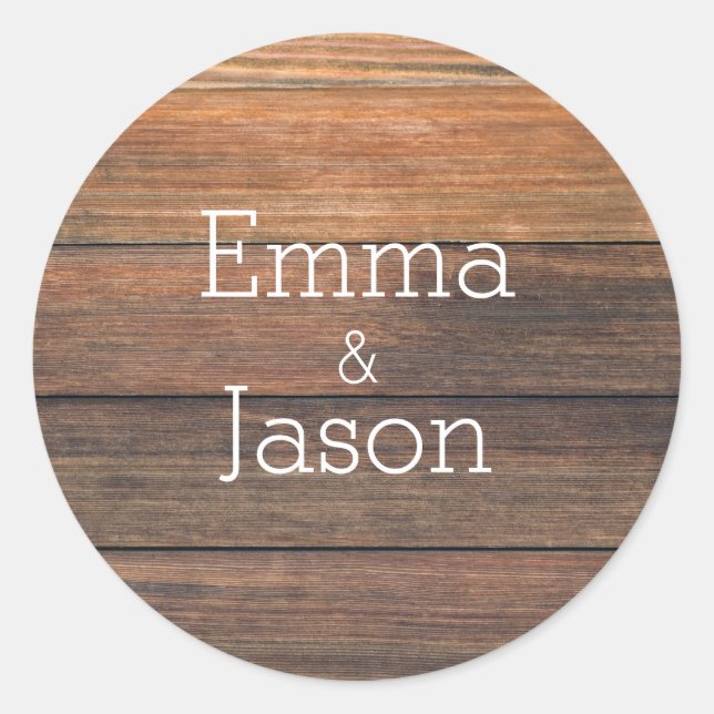 Wood Grain Rustic Names Wedding Seal Sticker (Front)