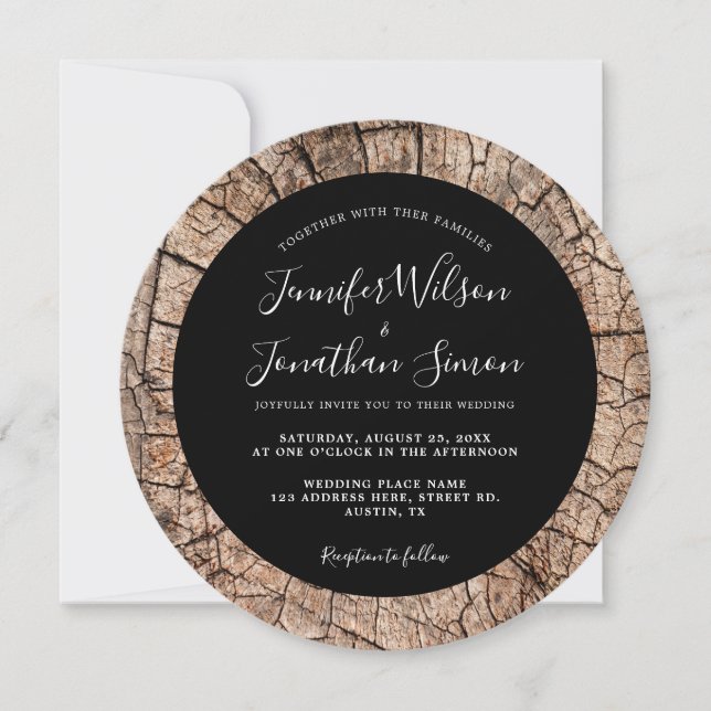 Wood Grain Rustic Wedding Boho Black Invitation (Front)