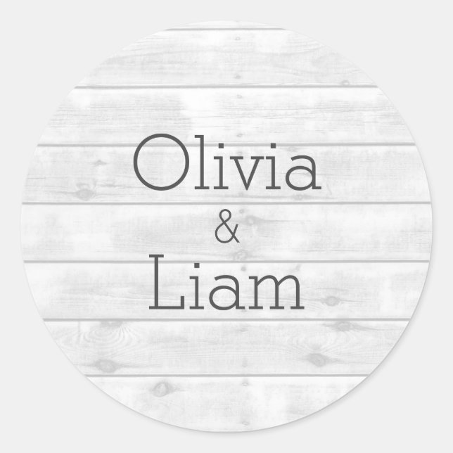 Wood Grain Rustic White Names Wedding Sticker (Front)