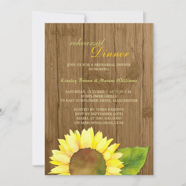 Wood Grain Sunflower Wedding Rehearsal Dinner Invitation (Front)