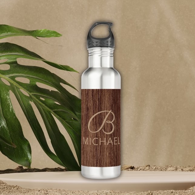 Wood Grain Timber With Monogram Personalized Name 710 Ml Water Bottle (Creator Uploaded)
