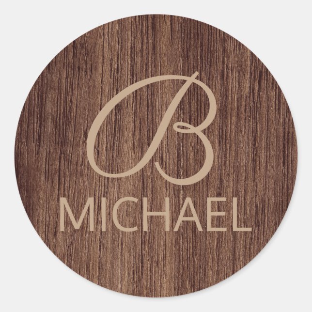 Wood Grain Timber With Monogram Personalized Name Classic Round Sticker (Front)