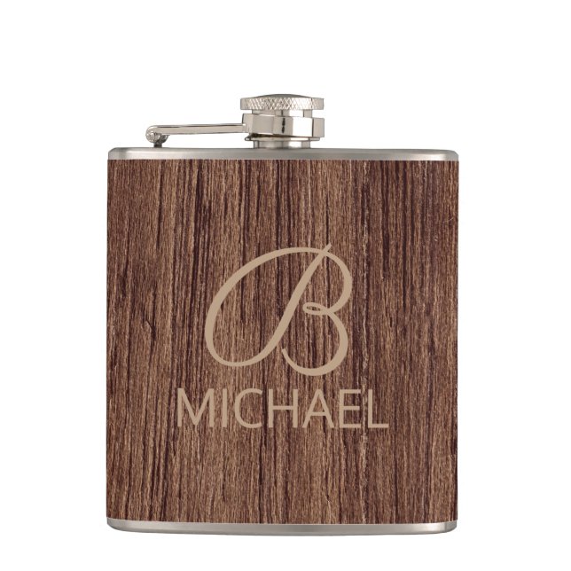 Wood Grain Timber With Monogram Personalized Name Hip Flask (Front)