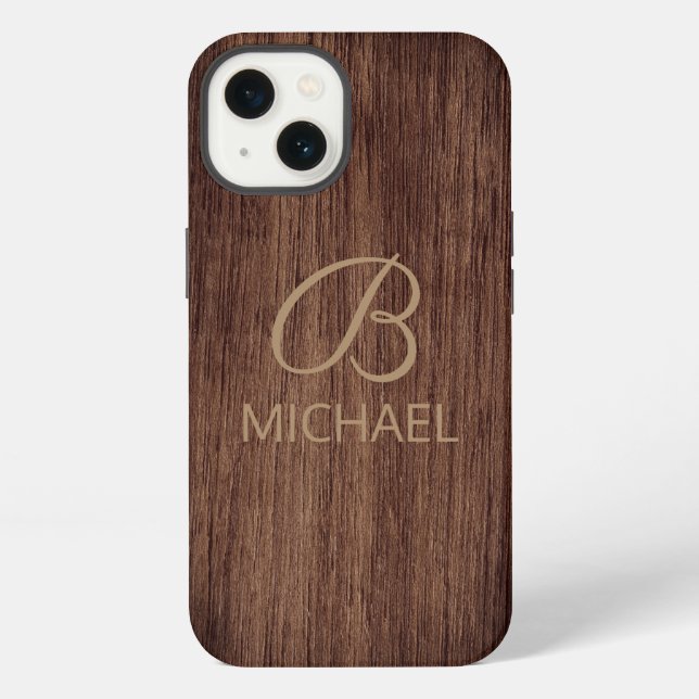 Wood Grain Timber With Monogram Personalized Name iPhone Case (Back)