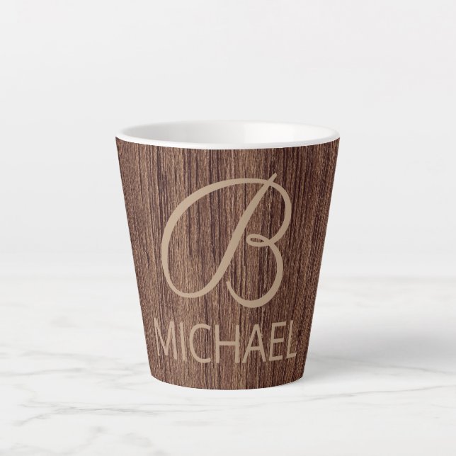 Wood Grain Timber With Monogram Personalized Name Latte Mug (Front)