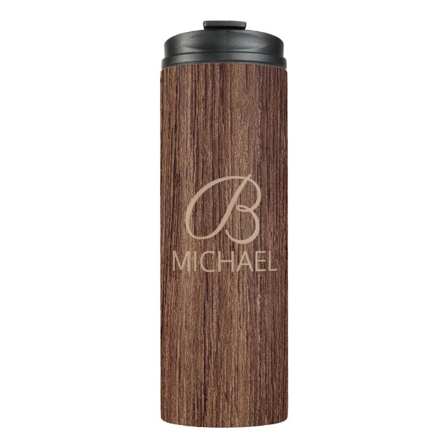 Wood Grain Timber With Monogram Personalized Name Thermal Tumbler (Front)